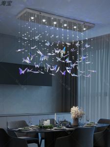 Creative Butterfly Chandelier Designer Style Crystal Island Bar Lamp Modern Luxury Dining Room Light Stainless Steel Fish Line