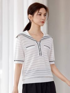 WANGGONGZHU | Lace Viscose Knitwear Women Summer Thin Loose Short Sleeve Simple Color Block Top Comfortable Fit Princess Style Commute Fashion