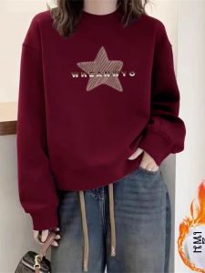 เสื้อฮู้ดคอตตอนแท้ อบอุ่น แขนยาว ทรงหลวม สำหรับผู้หญิง ฤดูใบไม้ร่วง/ฤดูหนาว เสื้อฮู้ดแขนยาวแบบสวมหัว คอกลม ปกติ