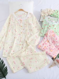 ชุดนอนผู้หญิงหลังคลอดแขนยาวผ้าฝ้ายแท้บาง ชุดอยู่บ้านป้องกันยุง ชุดให้ลูกดูดนมแบบเปิดข้าง ชุดนอนฤดูใบไม้ผลิและฤดูร้อน