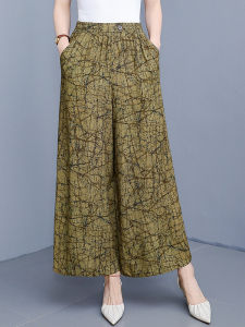 2025 New Womens Ethnic Style Wide Leg Pants Summer Print Silk Cotton Skirt Pants Long Dancing Nine Points Thin Model