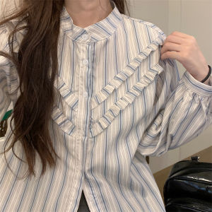 เสื้อเชิ้ตผู้หญิงแขนยาวหลวมๆ สไตล์ลำลอง ลายทางสีน้ำเงิน ทรงเข้ารูป ทรงพอดีตัว คอกลม เสื้อคลุมกันหนาว