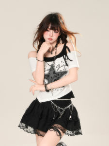 KellyKitty Star River Fantasy Shoulder Bared Short Sleeve Slim Fit T Shirt for Women Summer Stylish Casual Print Streetwear