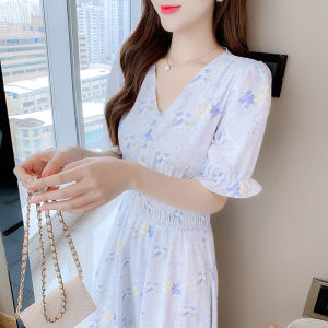 Elegant Floral Print Dress Bubble Sleeve V-Neck High Waist A-Line Midi Skirt Fresh Sweet Style Summer New Arrival