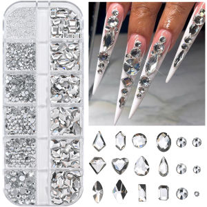 12Grids 3D White Multi Shapes Nail Rhinestones Flat Back Glass Diamonds Nail Art Charms Sparkling Gemstones Manicure Accessories