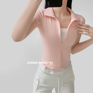 Summer Spring Tea American Style Short Sleeve T-Shirt Womens Slim Fit Short Length Fake Two-Piece Top Sweet And Spicy Style