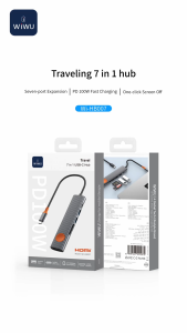 Wiwu USB C Hub 7 Trong 1 Đa-Cổng Bộ chuyển đổi cho Macbook 4K HDMI Cổng USB kép Một 3.0 Với Một Bằng Sáng chế Một Chìa Khóa Màn Hình Off Chuyển Đổi Pd 100W Sạc TF/SD Đầu đọc thẻ Cho laptop máy tính Máy Tính Để Bàn