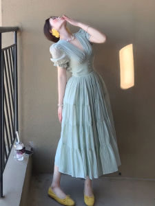 CHANGTONG | French Style Elegant V-Neck Puff Sleeve Waist Accentuating Slim Dress