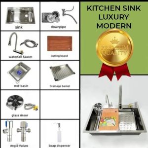 KITCHEN SINK MODERN 7545 BLACK STAINLESS STEEL KRAN TARIK WITH WATERFALL/WASTAFEL CUCI PIRING