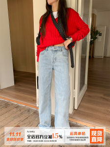 High Waist Bamboo Denim Jeans Womens Autumn Straight Leg Slimming Washed Jeans Vintage High Waist Light Blue Orange Tree