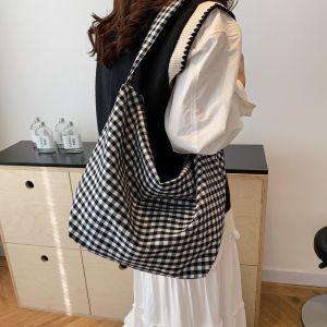 Large Capacity Canvas Tote Bag Womens  Plaid Crossbody Bag College Students Single Shoulder Bag Travel Handbag