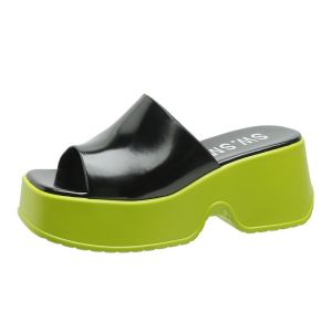 Spring and Autumn New Korean Version Fashion Thick-soled One-line Womens Slippers Open-toe Flatform Heel Square-toe Sandals