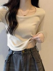 Áo Thun Nữ Cổ Vuông Dài Tay Ôm Vừa Vặn Mùa Xuân Thu Ngắn Gợi Cảm Pure Desire Áo Thun Nữ Cổ Chữ V Tay Dài Thường Ngày