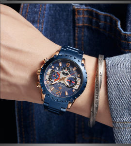 นาฬิกาข้อมือควอตซ์อนาล็อกสแตนเลสแบบสบายๆผู้ชายแฟชั่นนาฬิกาโครโนกราฟเรืองแสงกันน้ำ + กล่อง