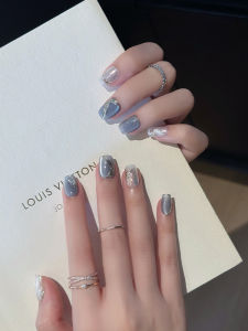 LANTINGFANG | Original Green Distant Hill Handmade Wearable Nails Short Style Blue Cat Eye