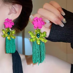 New Chinese Bridal Wedding Flower Tassel Earrings National Style Exaggerating Unique Earrings Bohemia Ear Clip for Women