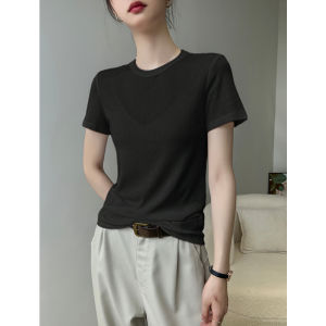 เสื้อยืดคอกลมแขนสั้นทรงสลิมฟิตสำหรับผู้หญิง สีเหลือง ทรงเข้ารูป ฤดูร้อน 2025 เสื้อเชิ้ตชั้นในแบบบาง เสื้อเชิ้ตแขนสั้น