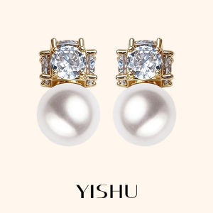YISHU | Bông Tai Đá Zircon Bốn Mặt Viên Ngọc Trai Trắng Úc