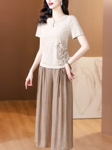 Elegant Wide Leg Pants Set New Chinese Style Fashionable Two Piece Suit for Women Summer 2024 Polyester Fiber Short Sleeve Stand Collar