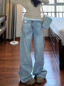 Quần Jeans Denim Ống Rộng Cạp Cao Màu Xanh Nhạt Cho Nữ Quần Dài Thường Ngày Dáng Rộng Thời Trang Mùa Hè Quần Jeans Denim