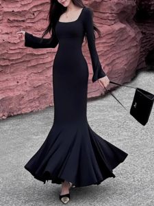 เรียบหรู หางปลาแขนยาว เดรส พรางหุ่น รอบเอว ผู้หญิง ฤดูใบไม้ร่วง ชุดทํางาน คอสี่เหลี่ยม เดรสรัดรูป ชุดราตรี ผ้าฝ้าย 90% วัสดุอื่นๆ 10%