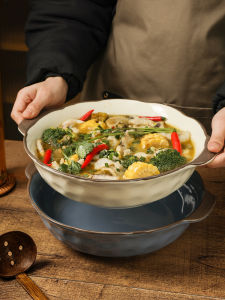 14-Inch Ceramic Soup Bowl with Dual Ears for Home Use Large Bowl for Boiled Fish Slices And Hot Pot Dishes Traditional Chinese Cuisine