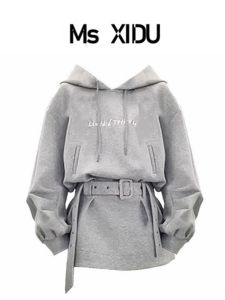Gray Hoodie Dress Womens Early Spring Inner Wear High Waist Short Skirt Street Style Cotton Polyester Spandex Blend Long Sleeve