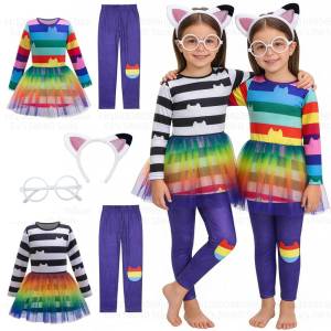 2026 cartoon cat girls outfits Childrens Long Sleeved Mesh top and bottom Set with headband glasses Twins clothing