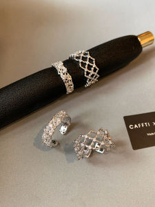 CAFFTI | Silver Zircon Rhinestone Lace Ring Broad Design Elegant