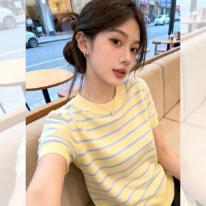 HUOLISI | Yellow Stripes Round Neck Loose Short Sleeve T-shirt Feminine Leisure Wear