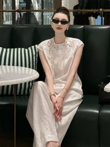 Bộ Đồ Hai Mảnh Vải Lanh Pháp Không Tay Thêu Hoa Rộng Rãi Quần Ống Rộng Bộ Đồ Cao Cấp Phong Cách Nữ Thần Mùa Thu