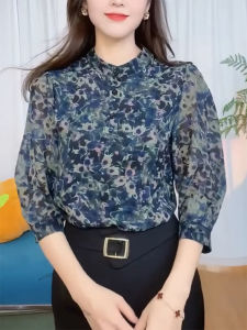 QINGNAER | Retro Floral Collared Slimming Blouse 7/8 Sleeve Big Size Spring Ready-to-Match