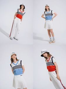 [NEW COLOR!] FILA CORE LIFESTYLE ORIGINALE FRENCH TENNIS CLUB Women Short Sleeve T-shirt + Sleeveless Knit Vest Set (Red / Blue)