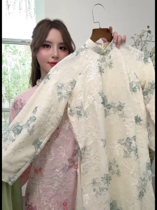 Áo Dài Cách Tân Thủy Đình Gấm Cao Cấp Dáng Suông Tay Loe Cổ Truyền Thống 2.5cm Áo Dài Nữ Thanh Lịch Vân Yên Xanh Hồng