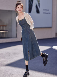 ชุดเดรสยีนส์แขนกุดผู้หญิง 2025 ฤดูใบไม้ผลิและฤดูใบไม้ร่วง ชุดเดรสแขนกุดแบบใหม่ ชุดเดรสกระโปรงยาวสองชิ้นพร้อมซิปและจีบ