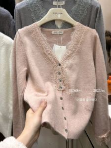 Áo Len Dệt Kim Cổ Chữ V Ren Dày Dài Tay Ôm Vừa Vặn Cho Nữ Mùa Đông Phong Cách Hàn Quốc Áo Len Cardigan Cổ Chữ V