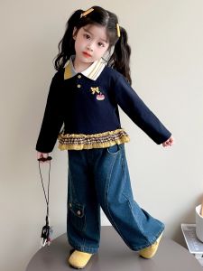 Fashionable Autumn Outfit Set for Girls Polo Shirt Sweatshirt Denim Jeans Two Piece Set Korean Style Light Breathable Machine Washable