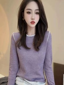 เสื้อเชิ้ตแขนยาวผู้หญิงสไตล์เกาหลี ทรงหลวม ปกติ ฤดูใบไม้ผลิ 2024 เสื้อชั้นในลายสก็อตสุดเก๋ ดีไซน์สองชิ้นปลอม เสื้อชั้นในกระชับสัดส่วน