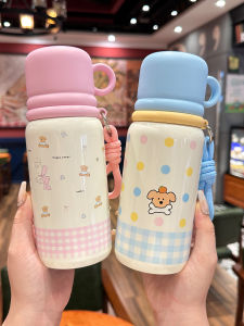 Childrens Double Drink Straw Thermos 316 Stainless Steel Water Bottle Portable School Travel Insulated Coffee Cup  Style