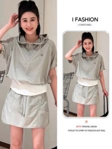 Shalldoer | Bộ váy ngắn mùa hè có dây rút và mũ trùm đầu cho nữ Bộ váy hai mảnh chữ A váy ngắn không tay áo cổ tròn