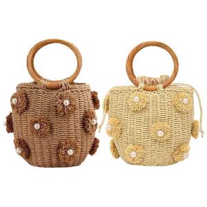 Womens Summer Straw Bucket Bag with Drawstring and Pearl Embellishments Crossbody Bag for Beach and Casual Wear