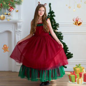 MQATZ Christmas Long Dress for Girl Xmas Party Vestidos Children New Year Red Green Clothing Princess Party Birthday Kids Clothes SD085