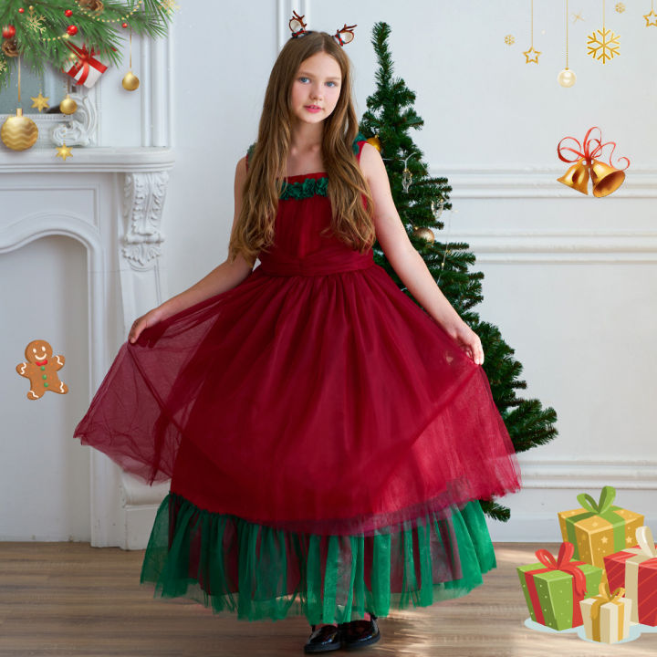 MQATZ Christmas Long Dress for Girl Xmas Party Vestidos Children New Year  Red Green Clothing Princess Party Birthday Kids Clothes SD085