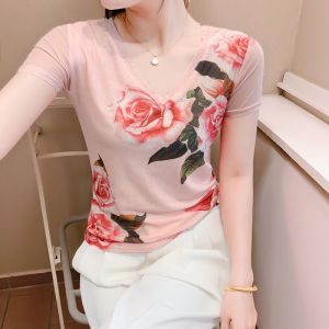 Yimei Áo Thun Hoa định vị lưới thời trang mùa hè 2025 Châu Âu xu hướng hàng đầu phiên bản Hàn Quốc ôm vừa cổ chữ V tay ngắn