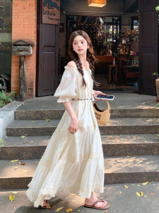 Elegant Hepburn Style One Shoulder Long Dress Two Piece Set Womens Summer Slimming Waist Cinched Midi Skirt Bubble Sleeve