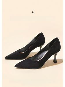 สีดำ รองเท้าส้นสูงกํามะหยี่ ผู้หญิง รองเท้าทํางานส้นแคบ 57 ซม. ใหม่ ฤดูใบไม้ผลิ ฤดูใบไม้ร่วง รองเท้าเดี่ยวนิ้วเท้าชี้มืออาชีพเดินทาง