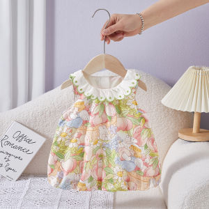 ชุดเดรสแขนกุดผ้าฝ้ายลายทางฤดูร้อนสำหรับเด็กผู้หญิง เดรสคอวี ชุดเด็กไปเล่นกลางแจ้ง ชุดเด็ก ชุดเดรสผู้หญิง