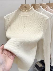 เสื้อชั้นในถักคอสูงครึ่งตัวสำหรับผู้หญิง เสื้อสเวตเตอร์ถักทรงสลิมฟิต เสื้อชั้นในสไตล์เกาหลี แขนยาว สีพื้น เส้นใยโพลีเอสเตอร์