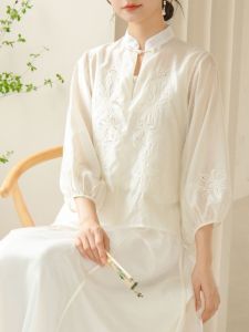 New Chinese Style Womens Shirt Zen Tea Costume Summer New White Versatile Embroidered Button National Style Top Package