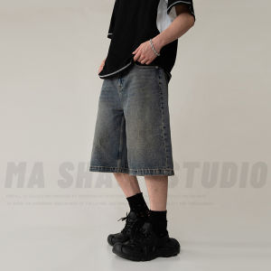 Mens Casual Loose Fit Denim Shorts mid Waist Washed Summer New Style 7/8 Length Torn Jeans Cotton Polyester Blend